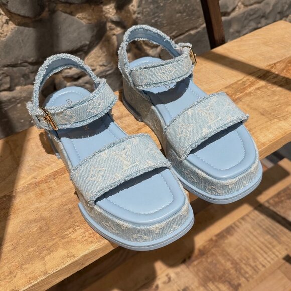 Louis Vuitton Light Blue Denim Monogram Maya Platform Sandals - Picture 4 of 11